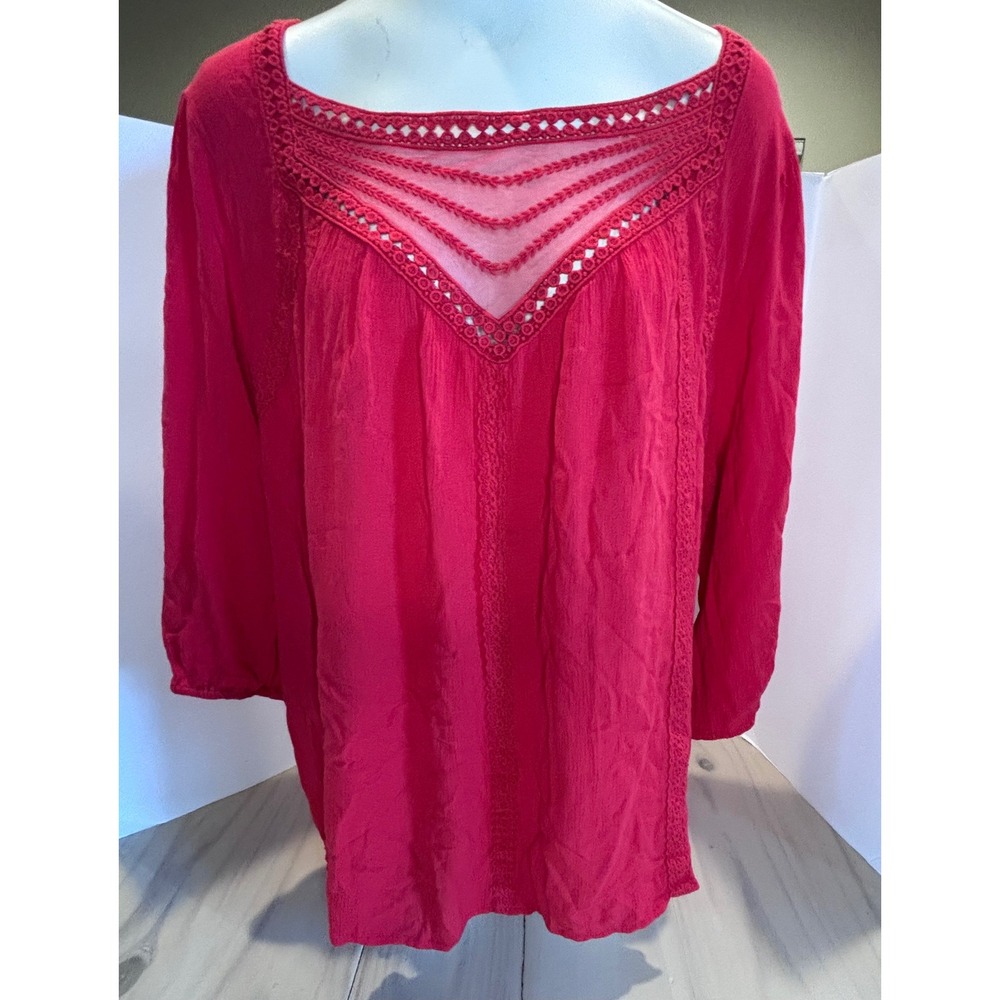 Torrid Red Boho Crochet Lace Mesh Inset 3/4 Sleeve Blouse Top Plus Size 2